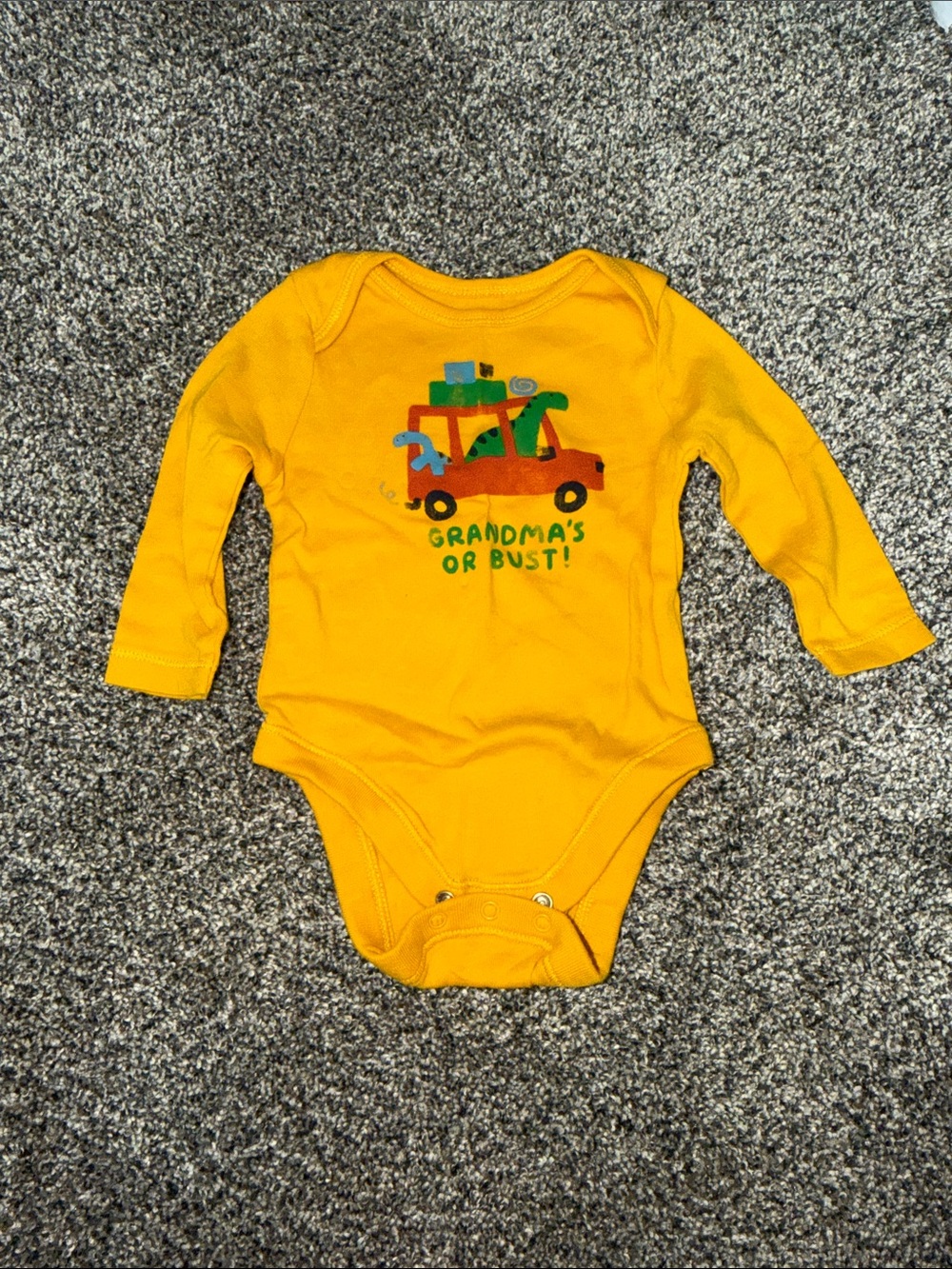 Old Navy Yellow Long-Sleeve Baby One-Piece with Vehicle Graphic